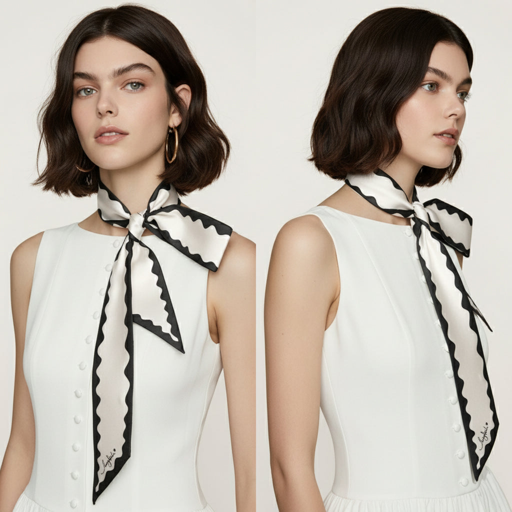 Foulard fin 100 % soie de mûrier de qualité supérieure - Motif chat et fleur rose