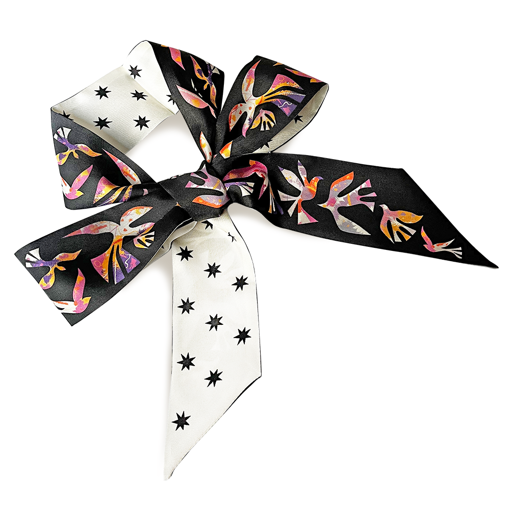 Foulard fin 100 % soie de mûrier de qualité supérieure - Motif chat et fleur rose
