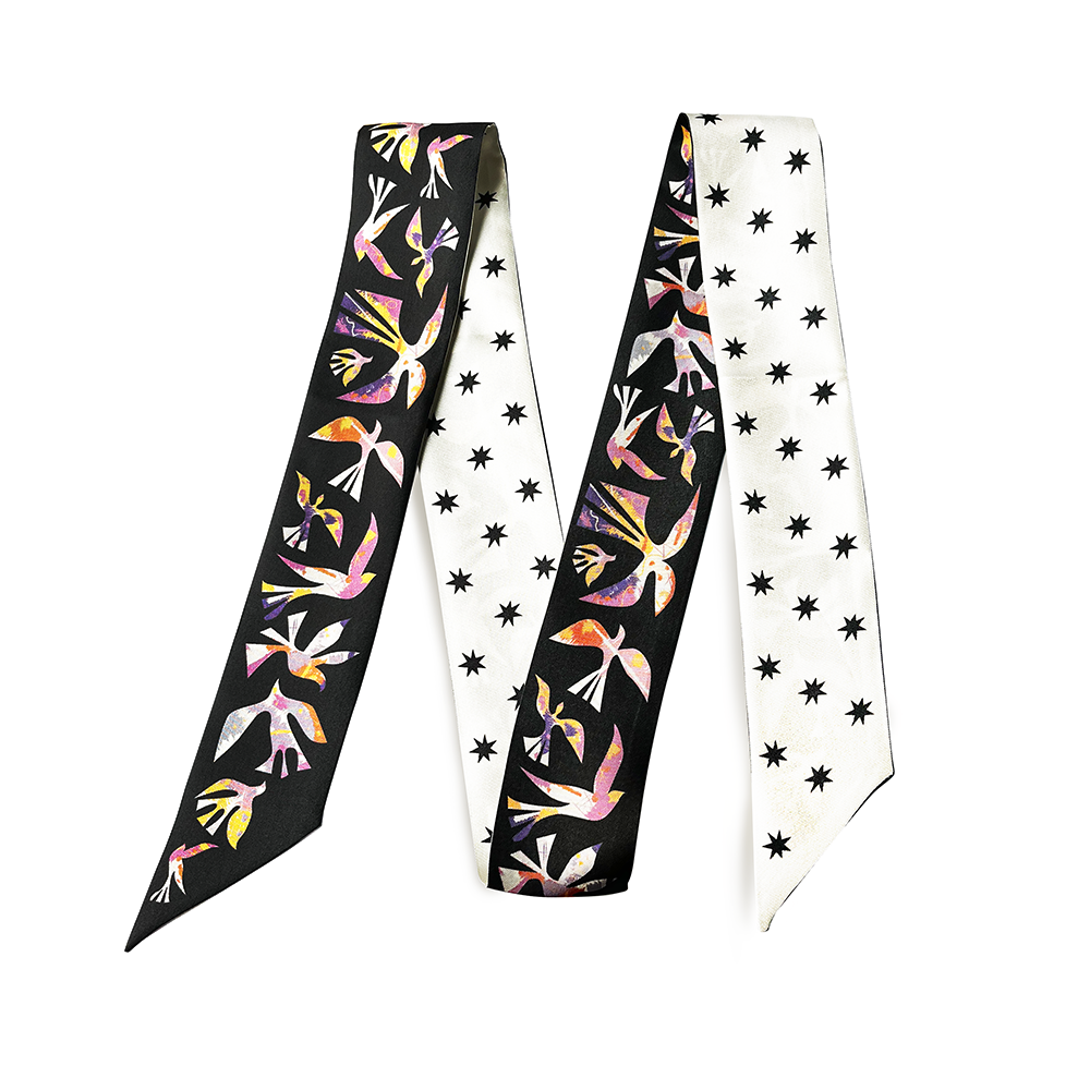 Foulard fin 100 % soie de mûrier de qualité supérieure - Motif chat et fleur rose