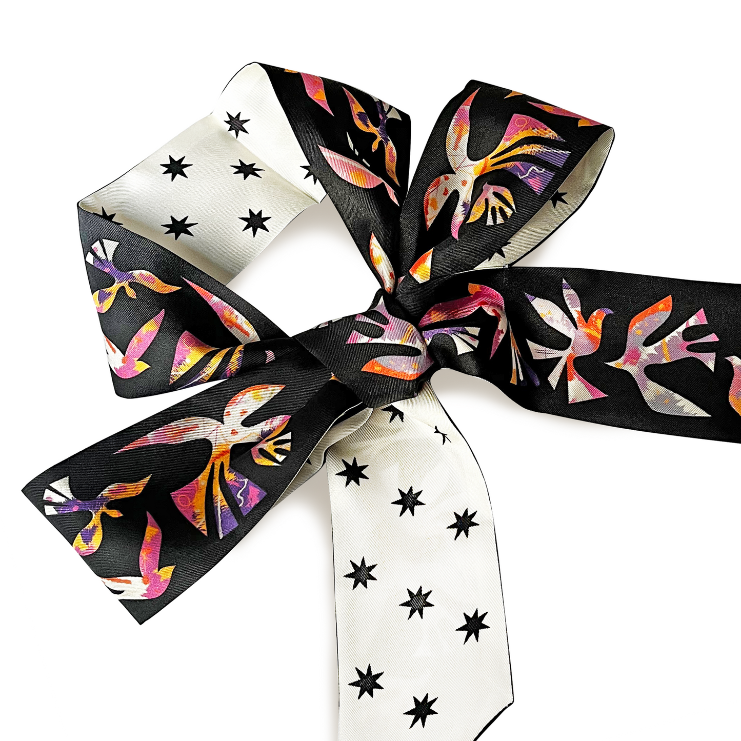 Foulard fin 100 % soie de mûrier de qualité supérieure - Motif chat et fleur rose