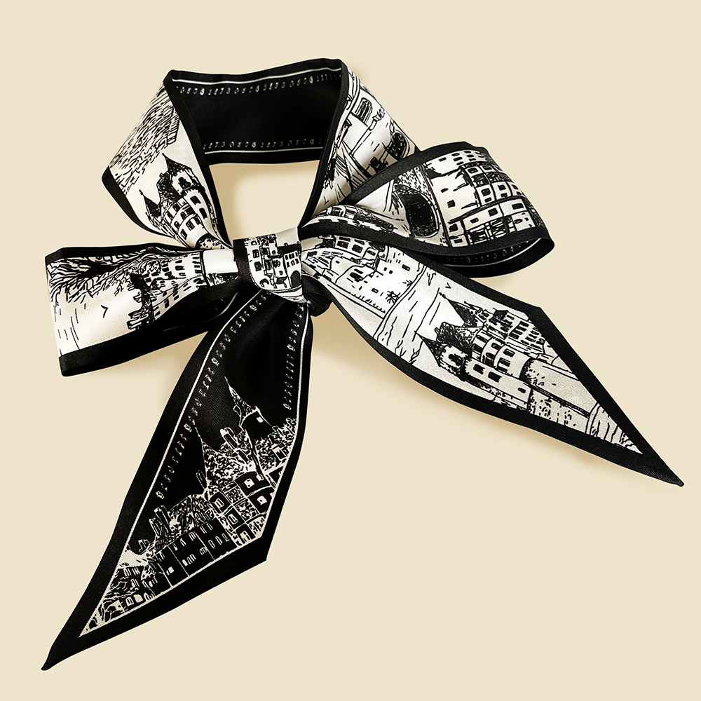 Premium 100% Mulberry Silk Skinny Scarf - Architectural Sketch Pattern