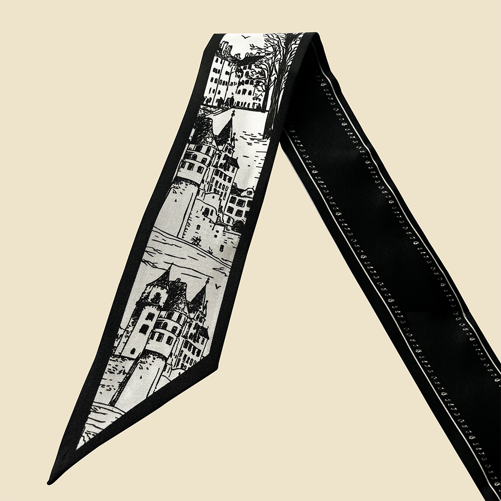 Premium 100% Mulberry Silk Skinny Scarf - Architectural Sketch Pattern