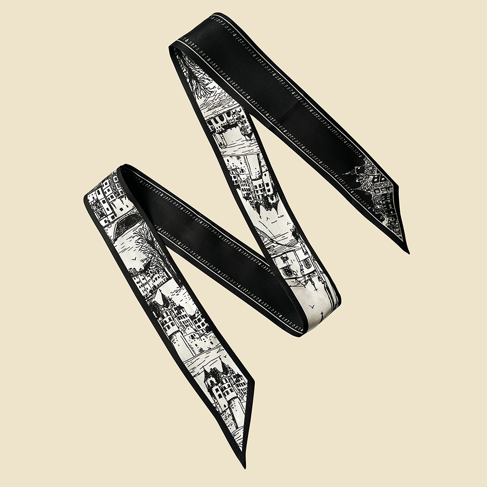 Premium 100% Mulberry Silk Skinny Scarf - Architectural Sketch Pattern
