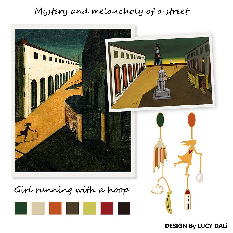 Giorgio De Chirico Art Inspired Little Girl Running Asymmetric 18K Gold Plated Brass Earrings