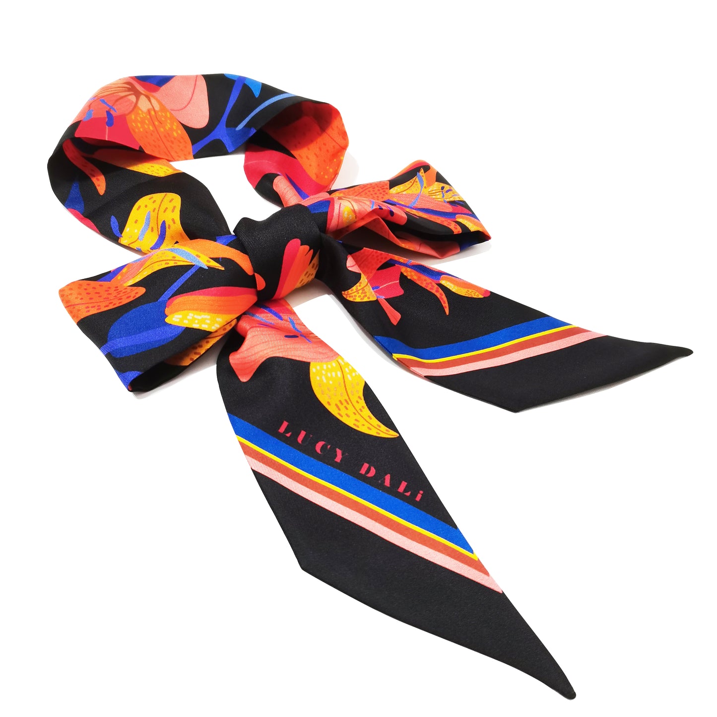Premium 100% Mulberry Silk Skinny Scarf - Night Lily Pattern