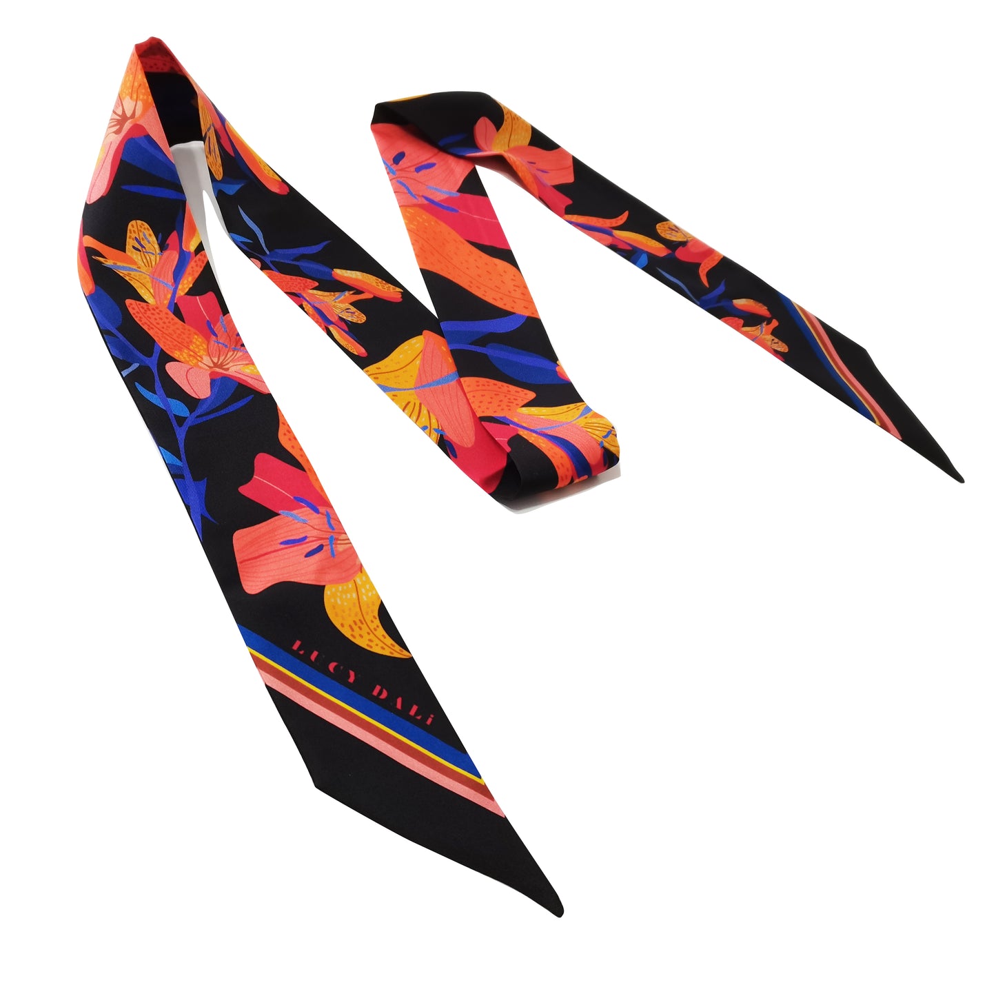 Premium 100% Mulberry Silk Skinny Scarf - Night Lily Pattern