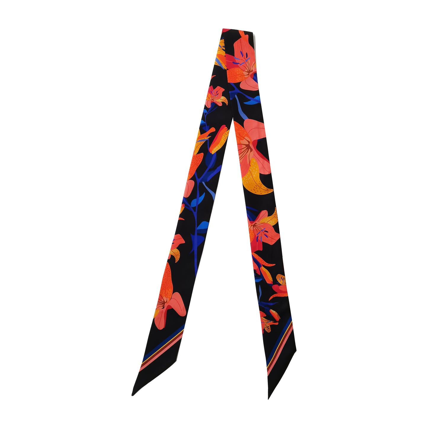 Premium 100% Mulberry Silk Skinny Scarf - Night Lily Pattern