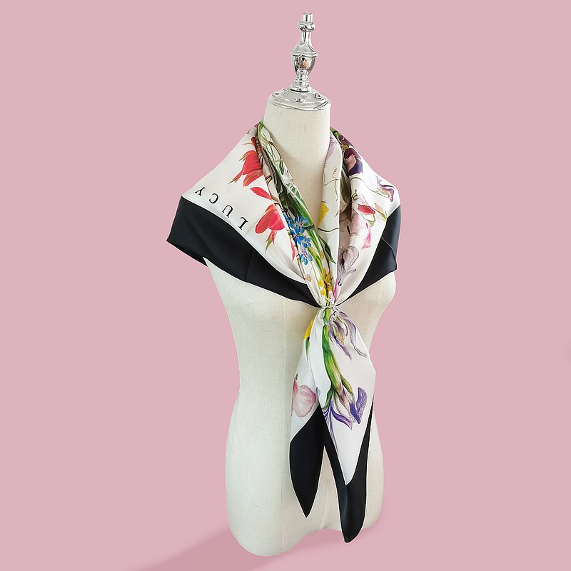 Foulard carré 100 % soie de mûrier de qualité supérieure - Motif floral à bordure noire 89 x 89 cm