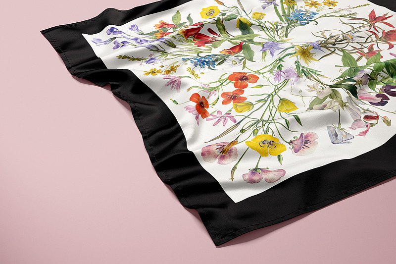 Foulard carré 100 % soie de mûrier de qualité supérieure - Motif floral à bordure noire 89 x 89 cm