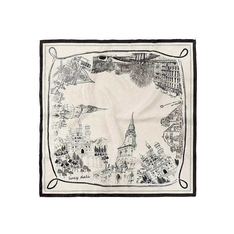 Premium 100% Mulberry Silk Square Scarf - Architectural Sketch Pattern 35"x35"