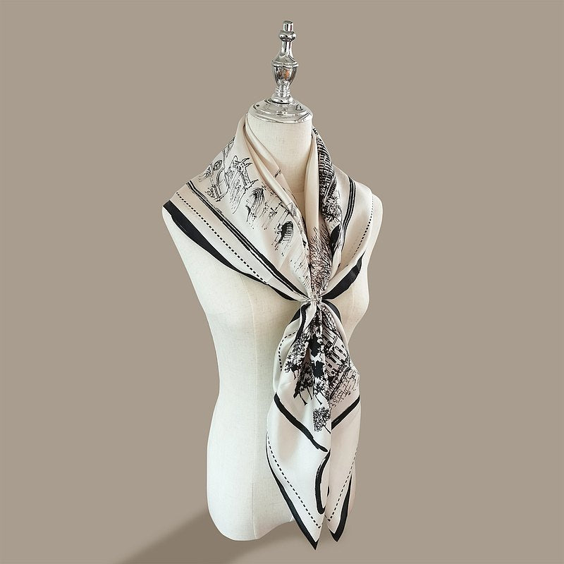 Premium 100% Mulberry Silk Square Scarf - Architectural Sketch Pattern 35"x35"