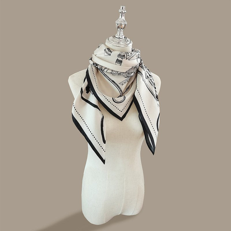 Premium 100% Mulberry Silk Square Scarf - Architectural Sketch Pattern 35"x35"