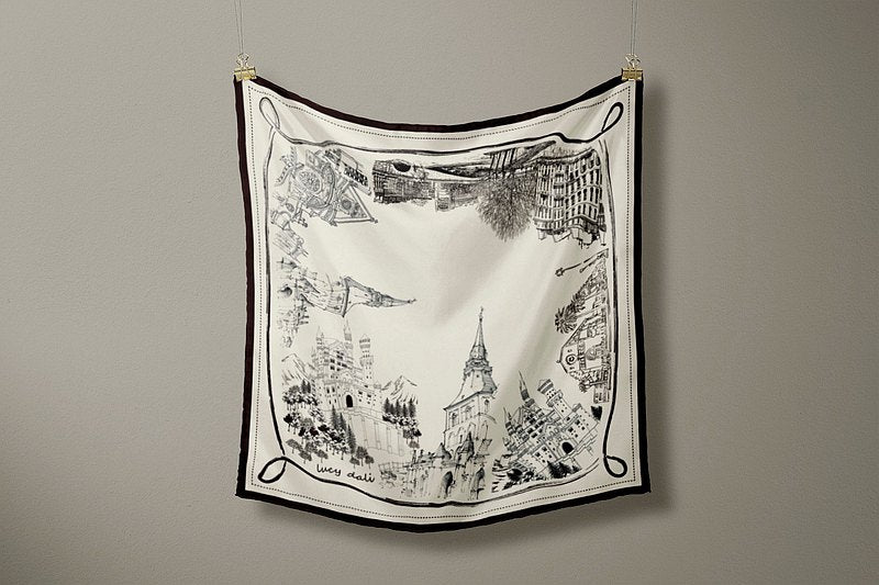 Premium 100% Mulberry Silk Square Scarf - Architectural Sketch Pattern 35"x35"