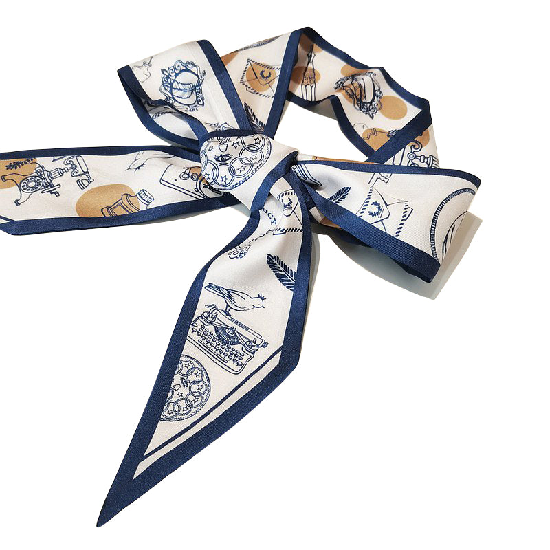 Premium 100% Mulberry Silk Skinny Scarf - Navy Blue Ploka Dots Pattern