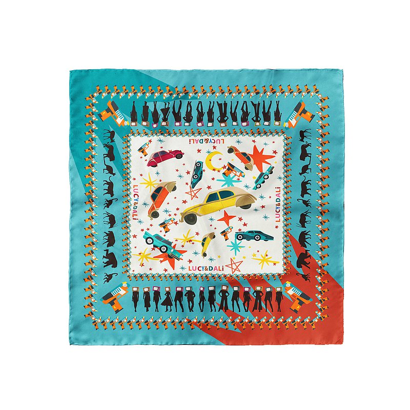 Premium 100% Mulberry Silk Square Scarf - Vintage Car Pattern 30"x30"