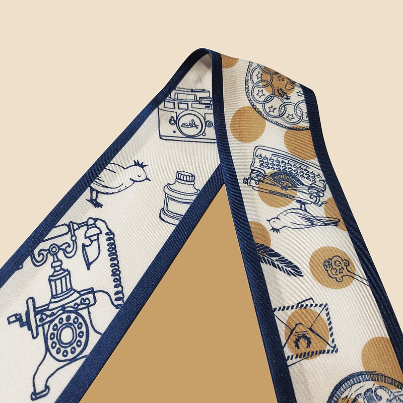 Premium 100% Mulberry Silk Skinny Scarf - Navy Blue Ploka Dots Pattern