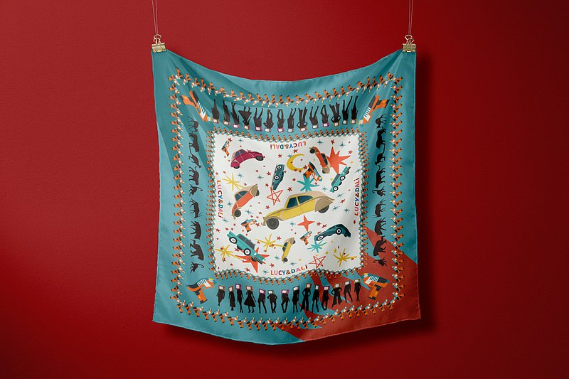 Premium 100% Mulberry Silk Square Scarf - Vintage Car Pattern 30"x30"