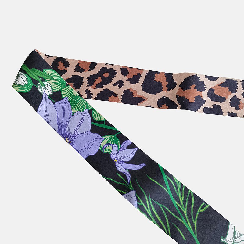 Premium 100% Mulberry Silk Skinny Scarf - Leopard Floral Pattern