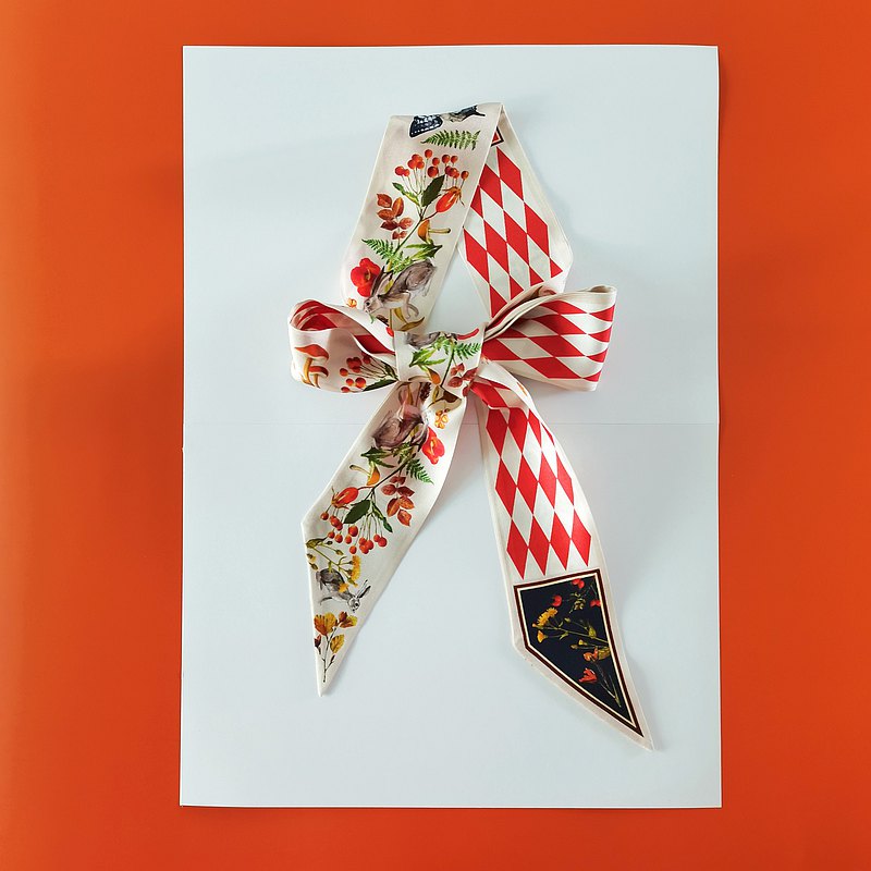 Premium 100% Mulberry Silk Skinny Scarf - Rabbit Forest Pattern