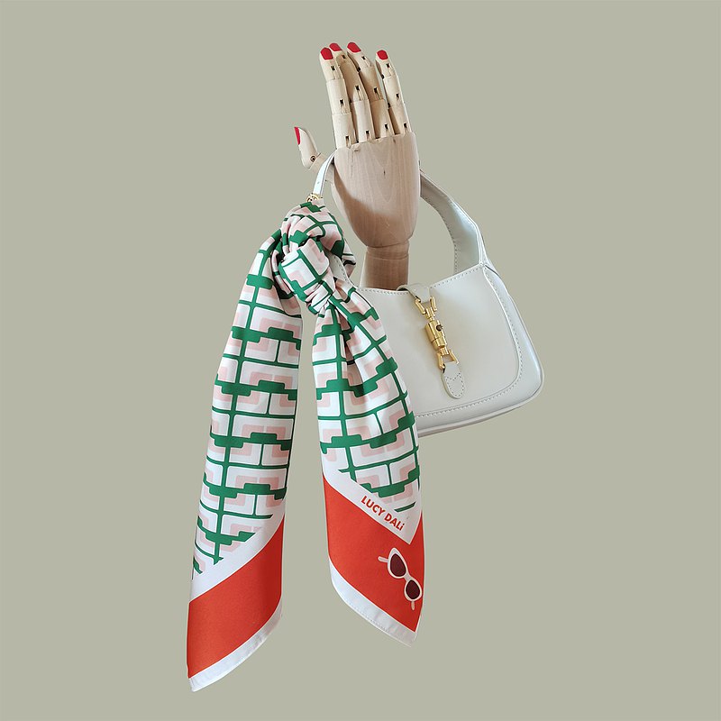Premium 100% Mulberry Silk Square Scarf - Orange Lime chain Pattern 30"x30"