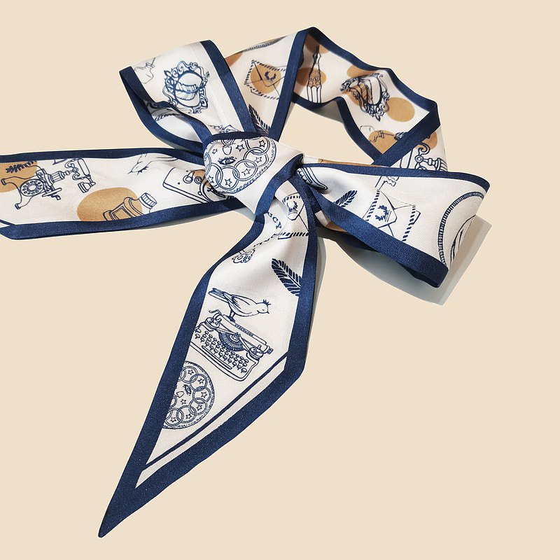 Premium 100% Mulberry Silk Skinny Scarf - Navy Blue Ploka Dots Pattern