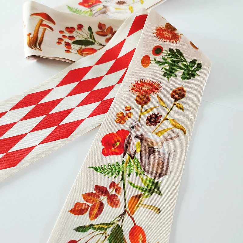 Premium 100% Mulberry Silk Skinny Scarf - Rabbit Forest Pattern