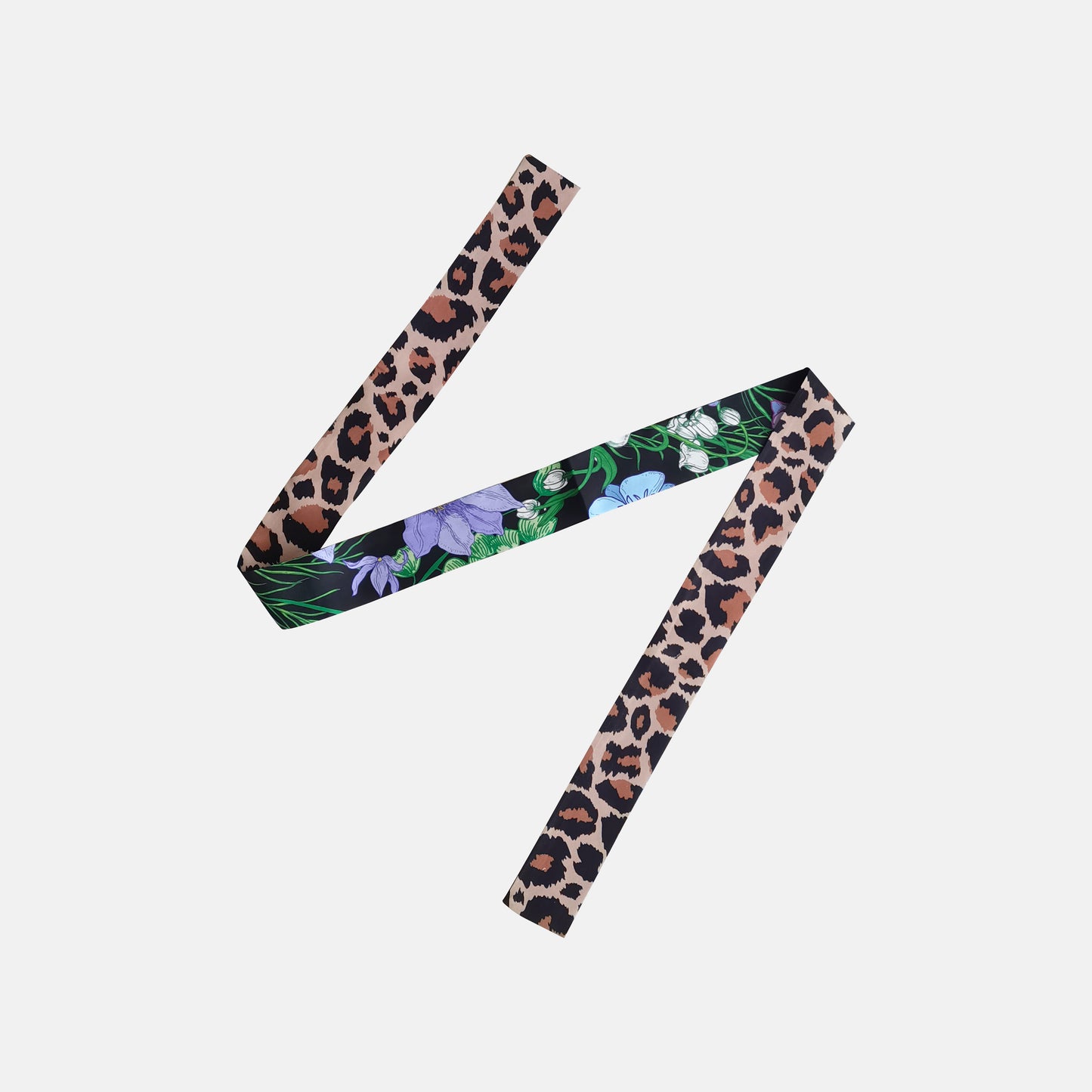 Premium 100% Mulberry Silk Skinny Scarf - Leopard Floral Pattern