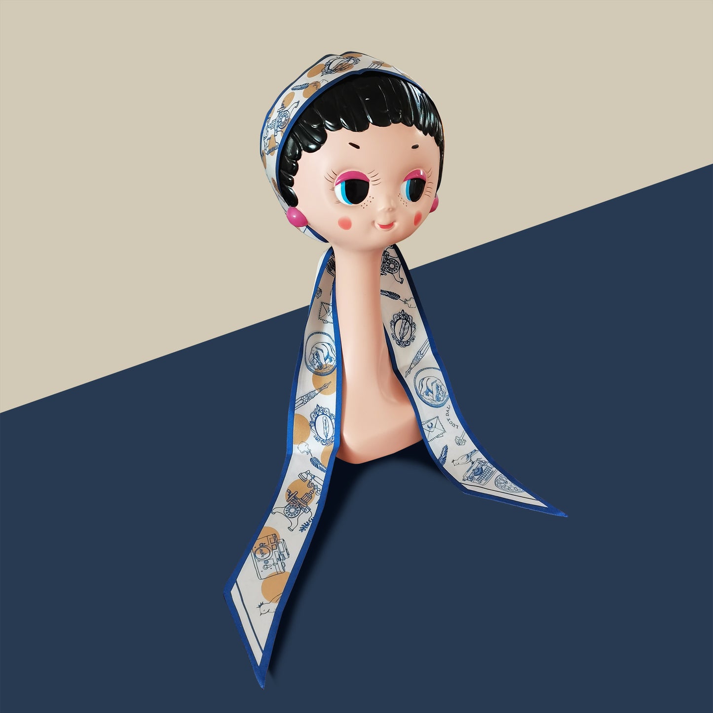 Premium 100% Mulberry Silk Skinny Scarf - Navy Blue Ploka Dots Pattern