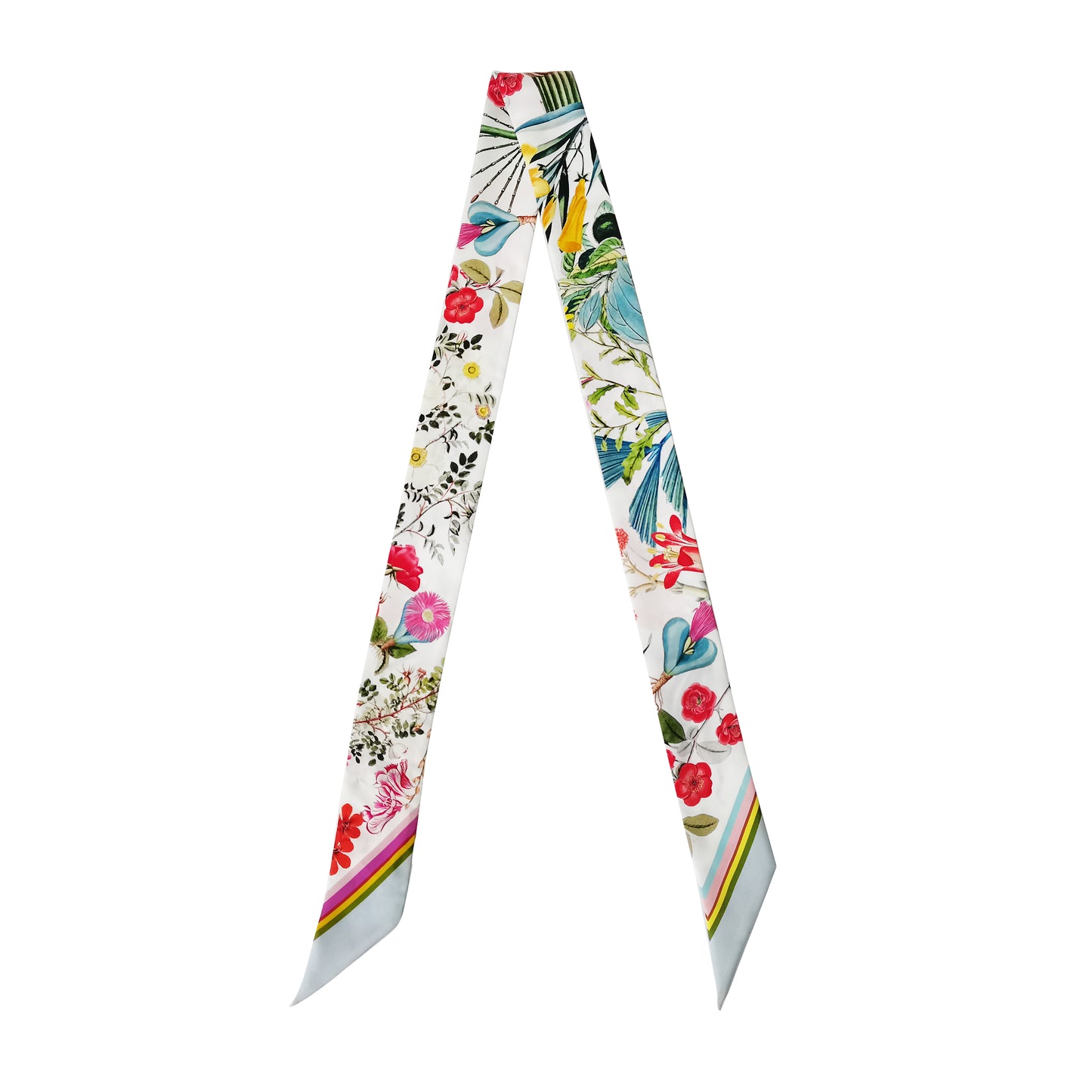 Premium 100% Mulberry Silk Skinny Scarf - Tropical Floral Pattern