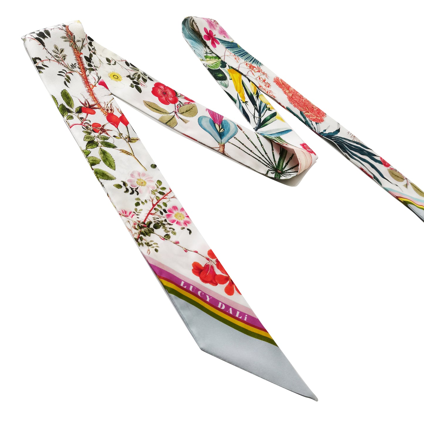 Premium 100% Mulberry Silk Skinny Scarf - Tropical Floral Pattern