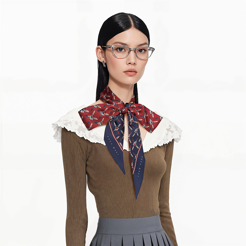 Premium 100% Mulberry Silk Skinny Scarf - Heart Shaped Arrow Pattern