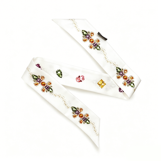 Premium 100% Mulberry Silk Skinny Scarf - Jewels Pearls