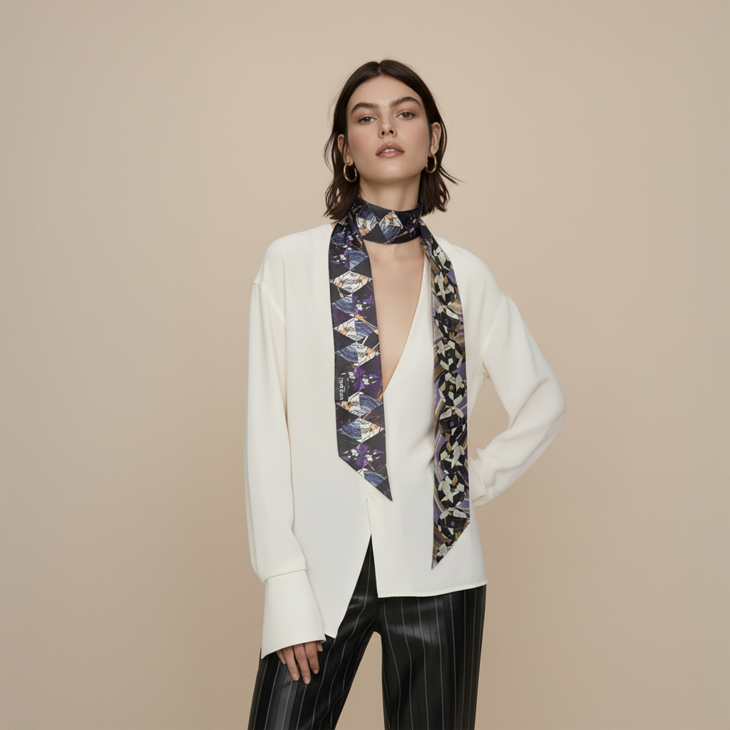Premium 100% Mulberry Silk Skinny Scarf - Conceptual forms Pattern