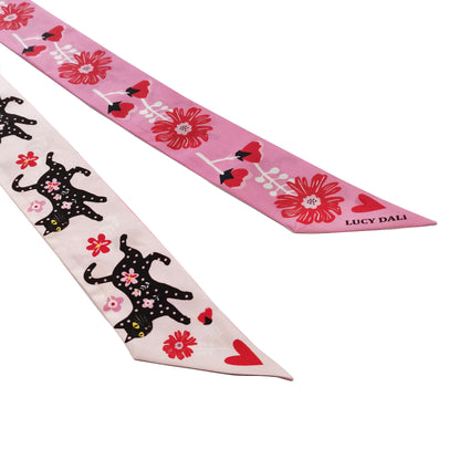 Premium 100% Mulberry Silk Skinny Scarf - Cat Flower Pink Pattern
