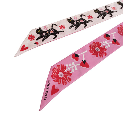 Premium 100% Mulberry Silk Skinny Scarf - Cat Flower Pink Pattern