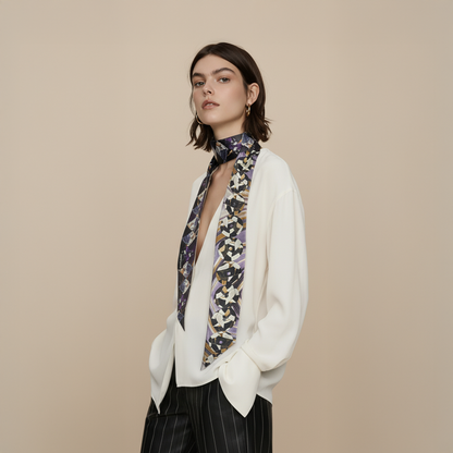 Premium 100% Mulberry Silk Skinny Scarf - Conceptual forms Pattern