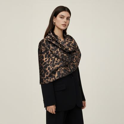 Silk Wool Scarf 30% Silk 70% Wool 60x185cm Leopard Print