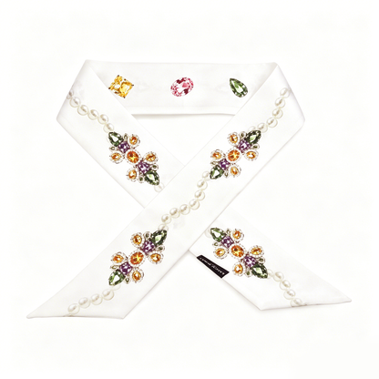 Premium 100% Mulberry Silk Skinny Scarf - Jewels Pearls