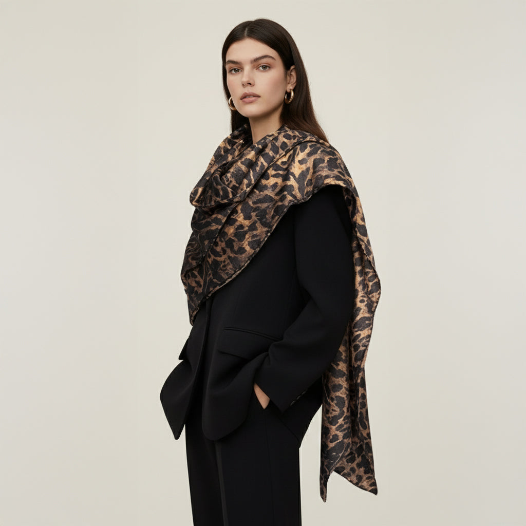 Silk Wool Scarf 30% Silk 70% Wool 60x185cm Leopard Print