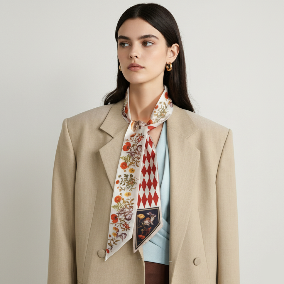 Premium 100% Mulberry Silk Skinny Scarf - Rabbit Forest Pattern