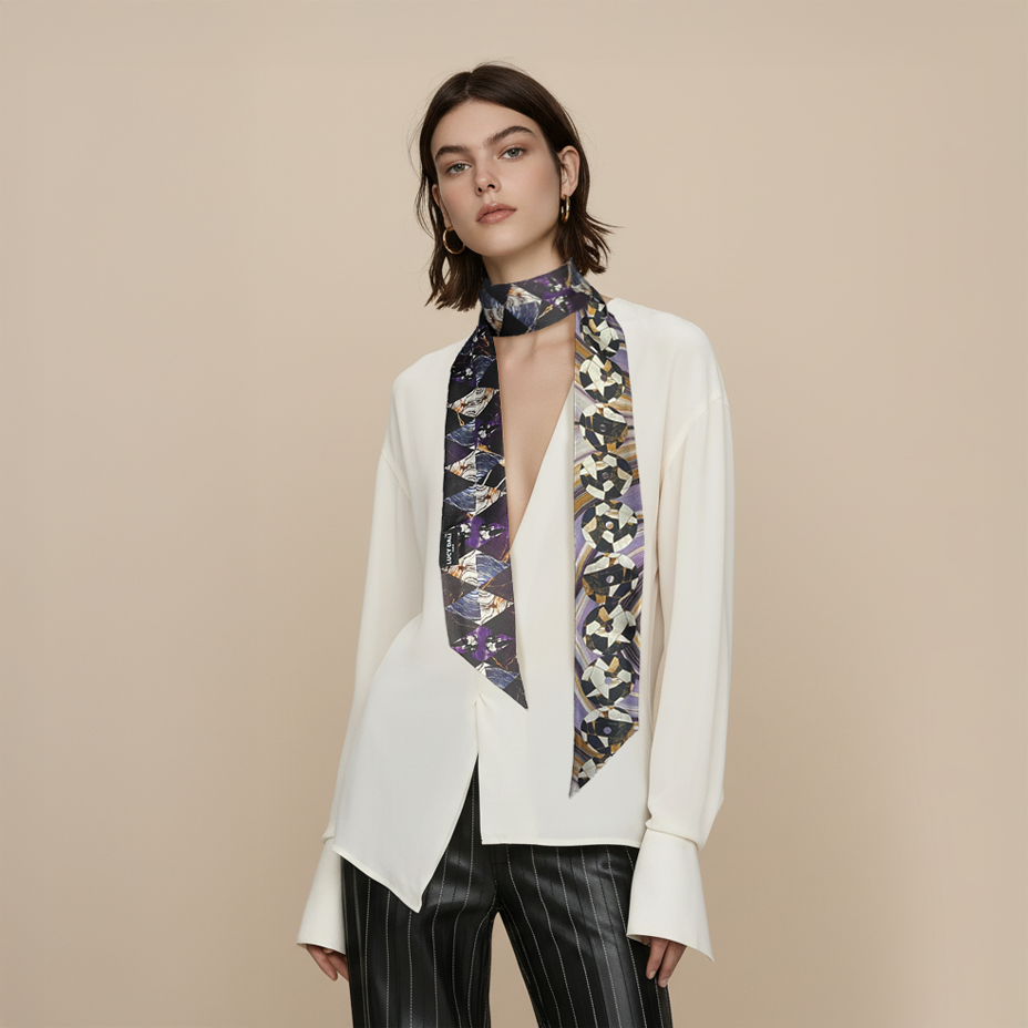 Premium 100% Mulberry Silk Skinny Scarf - Conceptual forms Pattern