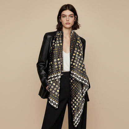 Silk-Cotton Oversized Scarf Shawl – Gold Flower Print, All-Season Wrap
