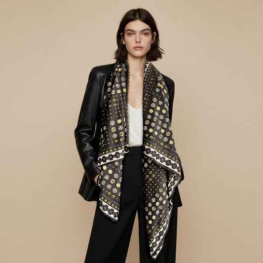 Silk-Cotton Oversized Scarf Shawl – Gold Flower Print, All-Season Wrap