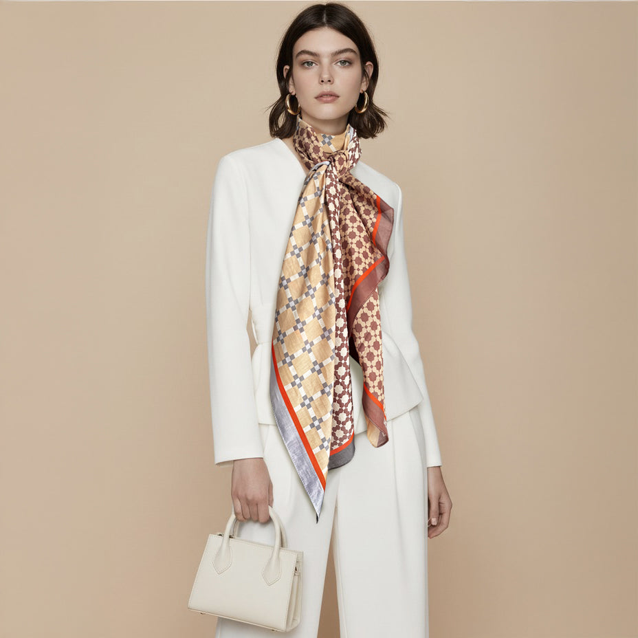 Silk-Cotton Oversized Scarf Shawl – Geometric Pattern, All-Season Wrap