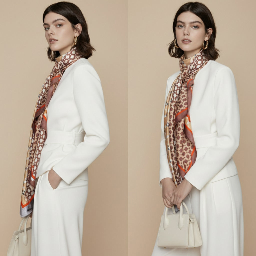 Silk-Cotton Oversized Scarf Shawl – Geometric Pattern, All-Season Wrap