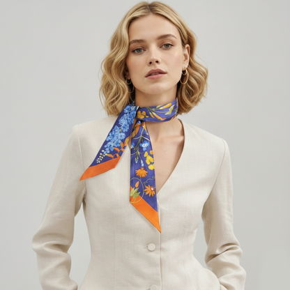 Premium 100% Mulberry Silk Skinny Scarf - Amber-Bordered Flowers