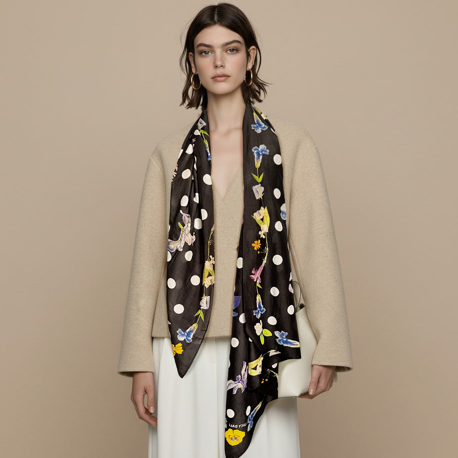 Silk-Cotton Oversized Scarf Shawl – Floral Polka Dot Print, All-Season Wrap