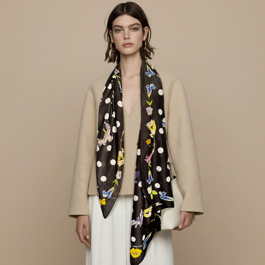 Silk-Cotton Oversized Scarf Shawl – Floral Polka Dot Print, All-Season Wrap