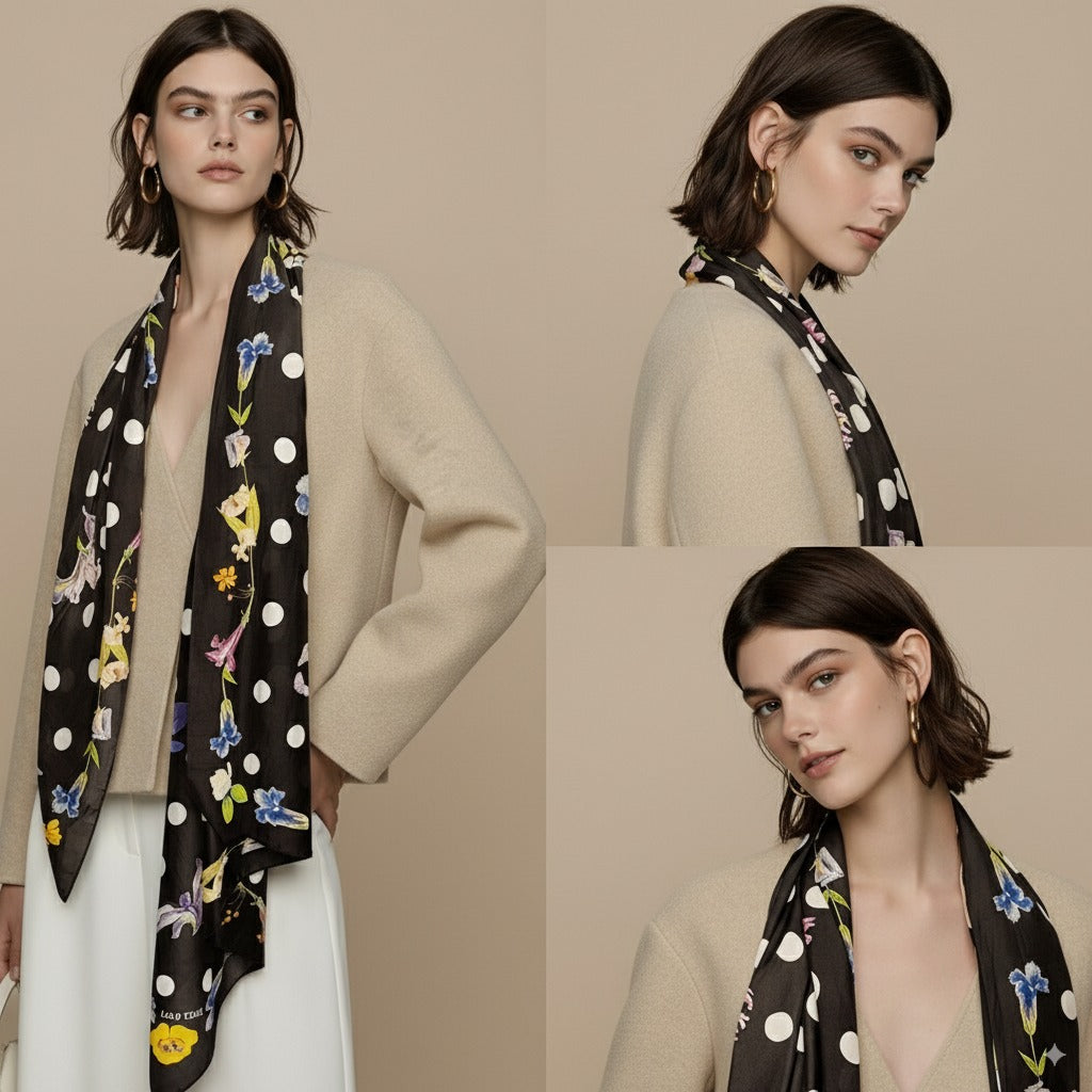 Silk-Cotton Oversized Scarf Shawl – Floral Polka Dot Print, All-Season Wrap