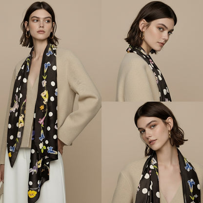 Silk-Cotton Oversized Scarf Shawl – Floral Polka Dot Print, All-Season Wrap
